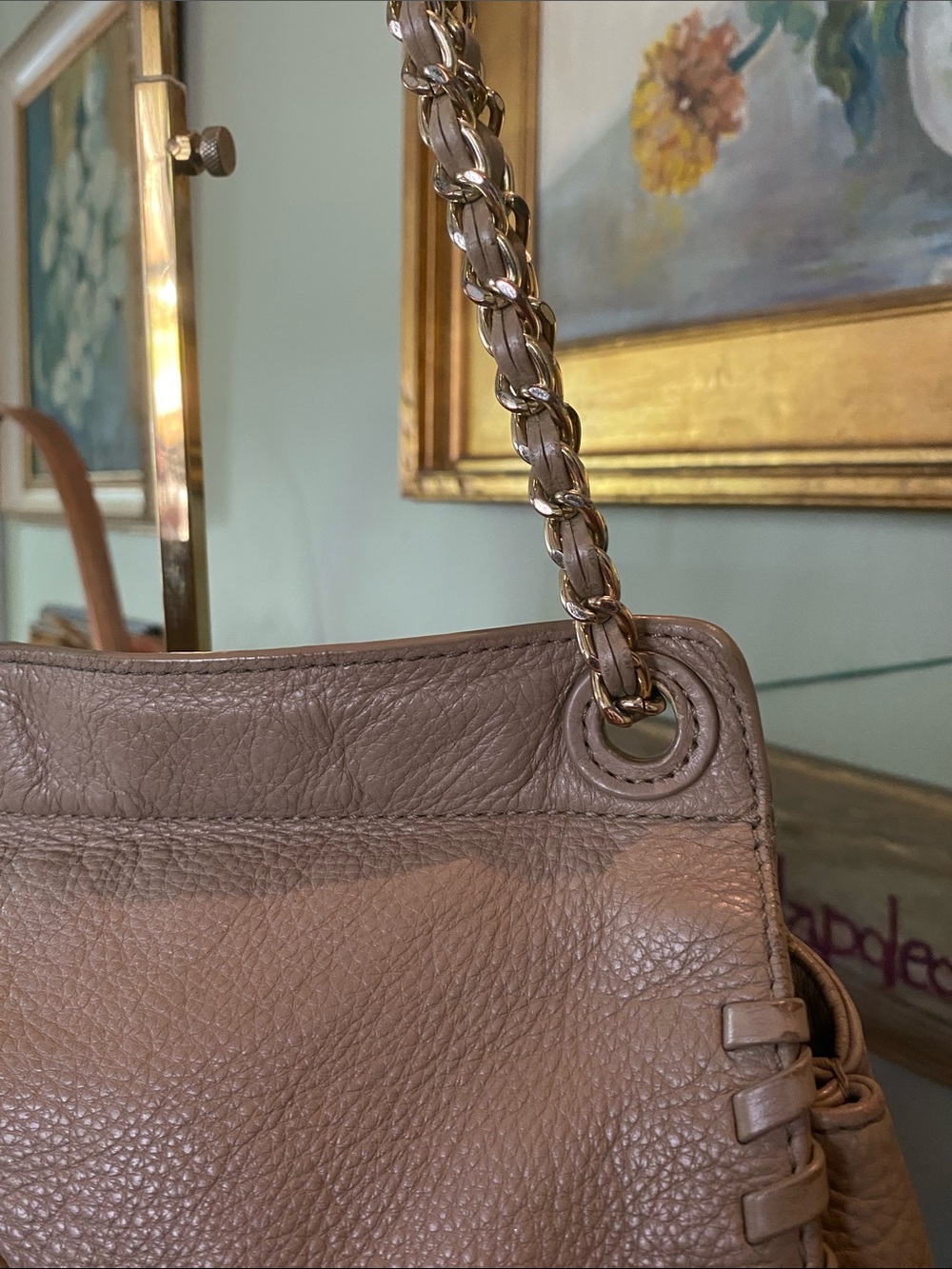 Tory Burch Taupe Leather Marion Saddle Bag Purse. - Picture 3 of 11